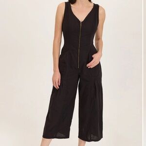 Wearables Black Linen Zip Front Jumpsuit